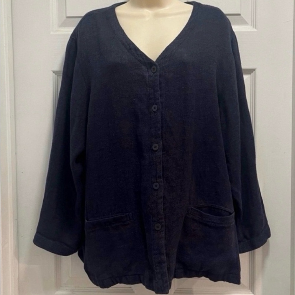 Eileen Fisher Organic Linen Cotton V-Neck Jacket - Navy Blue- Med/Large EUC
